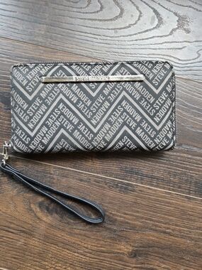 Steve Madden Black and White Logo Zip Pouch with Gold Accent